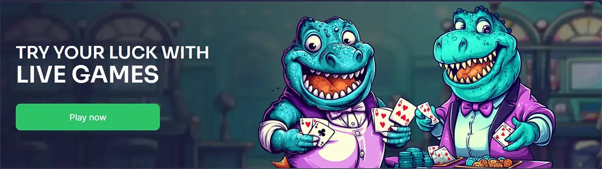 Live casino banner with two cartoon dinosaurs in tuxedos holding playing cards and chips, text “Try your luck with live games,” and a green “Play now” button.